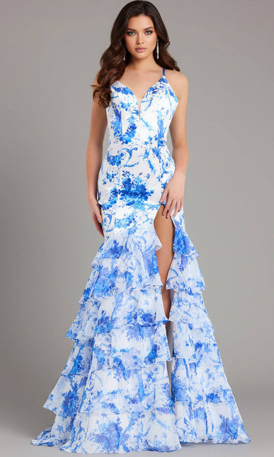 Jovani 48331 - Floral Print Tiered Prom Gown with Slit