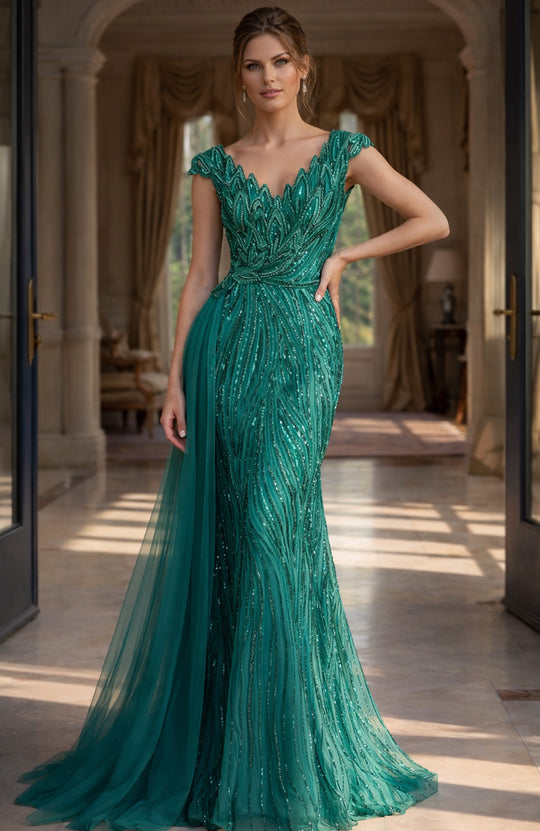 Jovani 48413 - Cap Sleeve Beaded Gown with Sheer Drape
