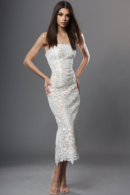 Jovani 48461 Allover Lace Tea-Length Sheath Dress