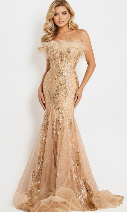 Jovani 48465 - Feathered Neckline Sequin Prom Dress