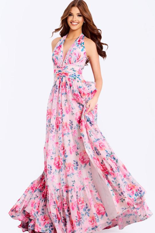 Jovani 48469 - Ruffled Hem Floral Halter Long Dress
