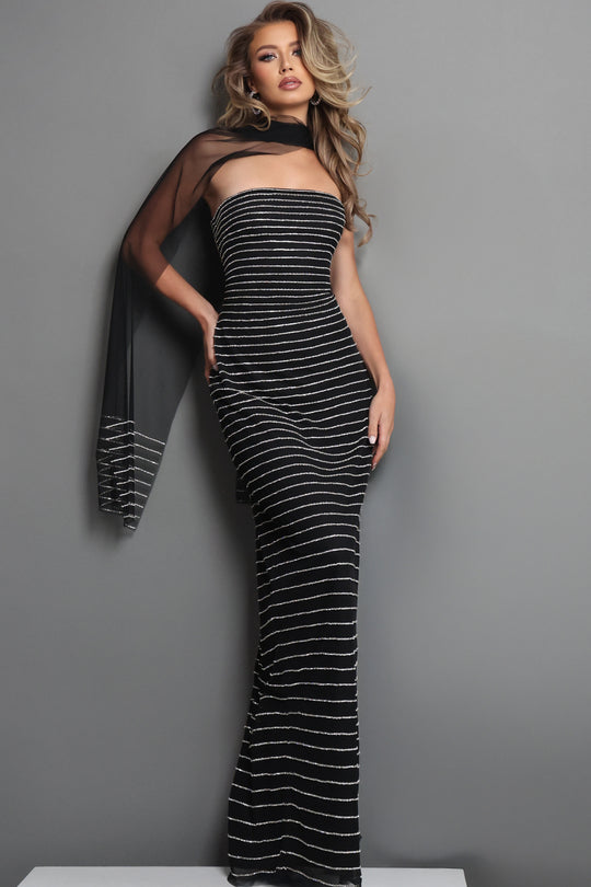 Jovani 48590 Striped Column Dress with Back Slit