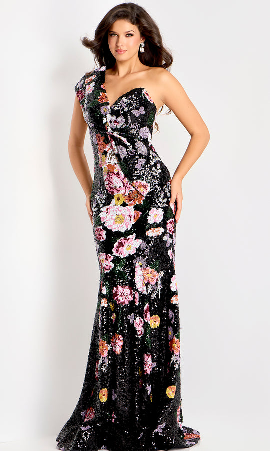 Jovani 48638 - One Shoulder Floral Sequin Evening Gown