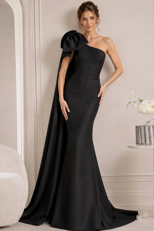 Jovani 48677 - Draped Shoulder Cape Satin Evening Gown