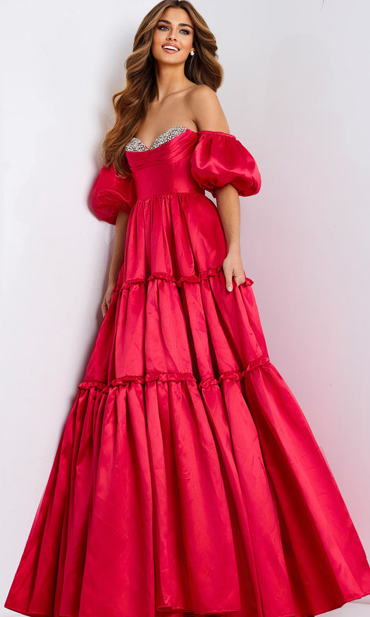 Jovani 49055 - Puff Off Shoulder Sleeve Tiered Ballgown