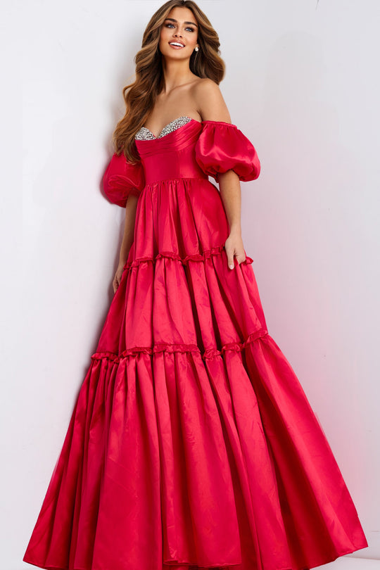 Jovani 49055 - Puff Off Shoulder Sleeve Tiered Ballgown