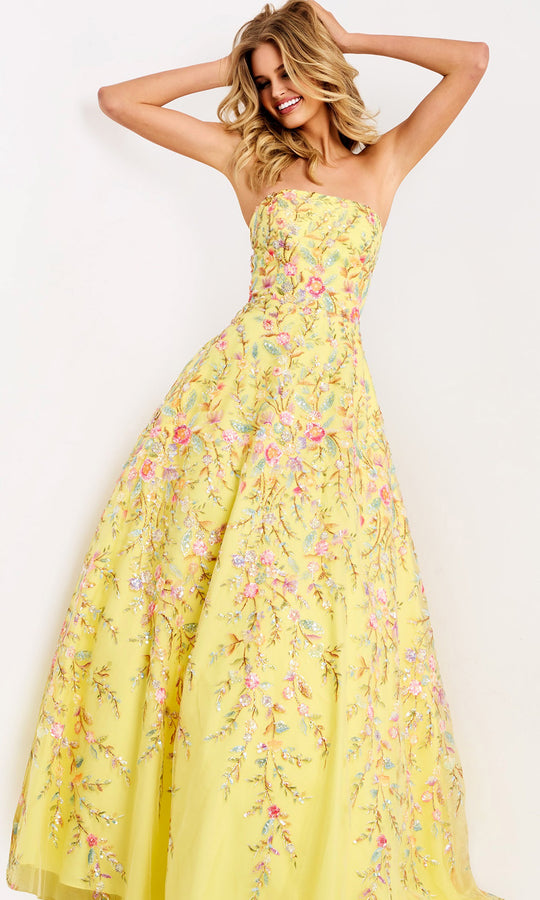 Jovani 49070 - Strapless Floral Embroidered Tulle Dress