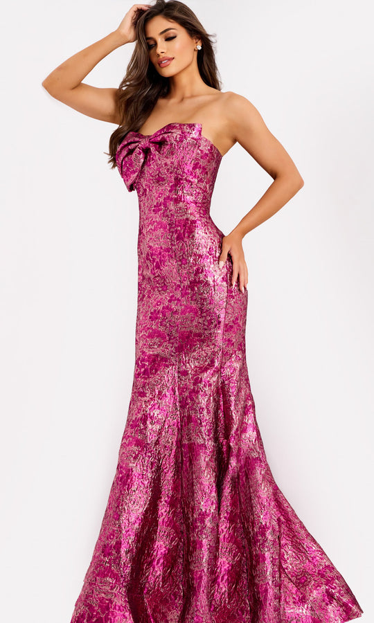 Jovani 49163 - Metallic Jacquard Bow Neckline Evening Gown