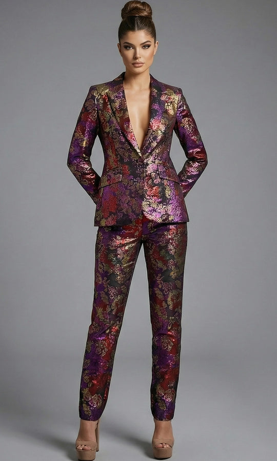 Jovani 49164 - Floral Tailored Pantsuit with Plunging Neckline