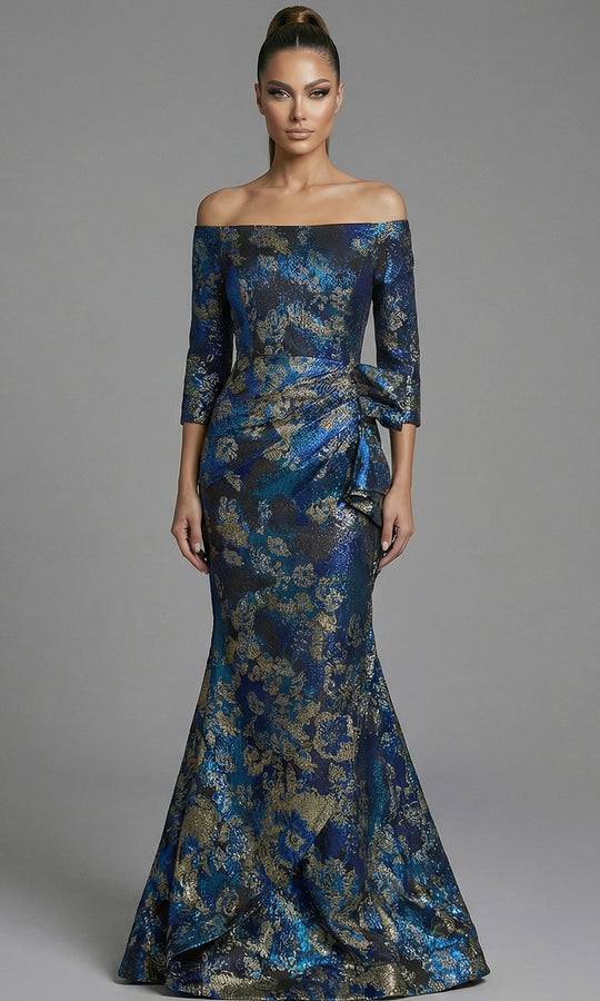 Jovani 49165 - Draped Waist Metallic Brocade Long Gown