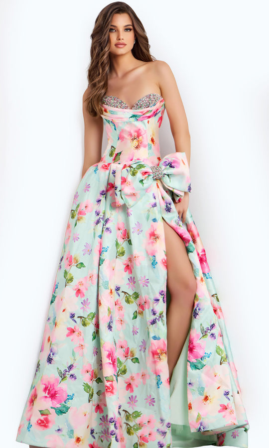 Jovani 49197 - Beaded Trim Floral Dress with Bow Detail