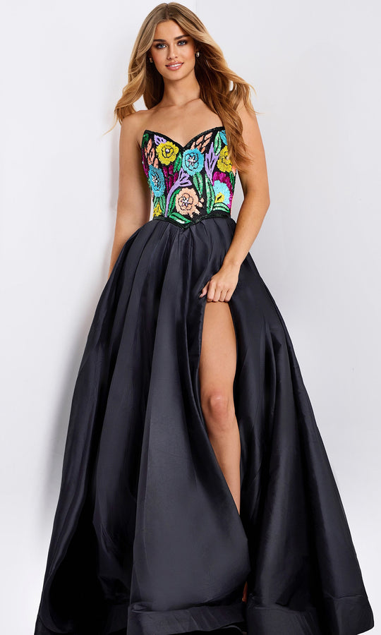 Jovani 49233 - Floral Beaded Satin Pleated Ballgown