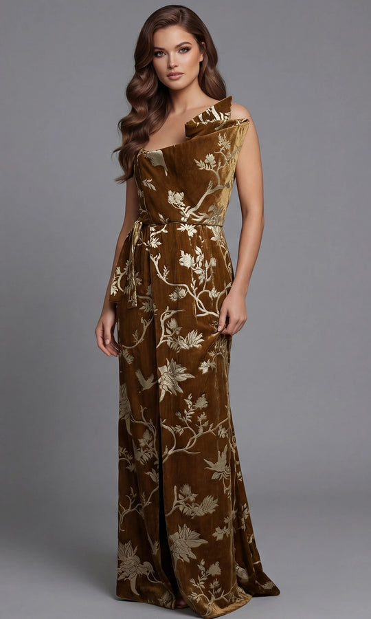Jovani 49312 - Floral Brocade Sculptural Neckline Evening Gown