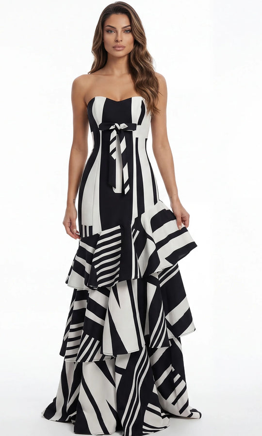 Jovani 49317 - Abstract Print Tiered Evening Gown with Bow