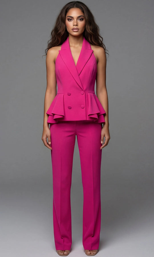 Jovani 49346 - Halter Lapel Peplum Pantsuit
