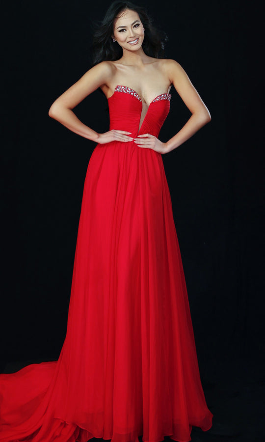 Jovani 49422 - Beaded Accent Plunging Chiffon Gown