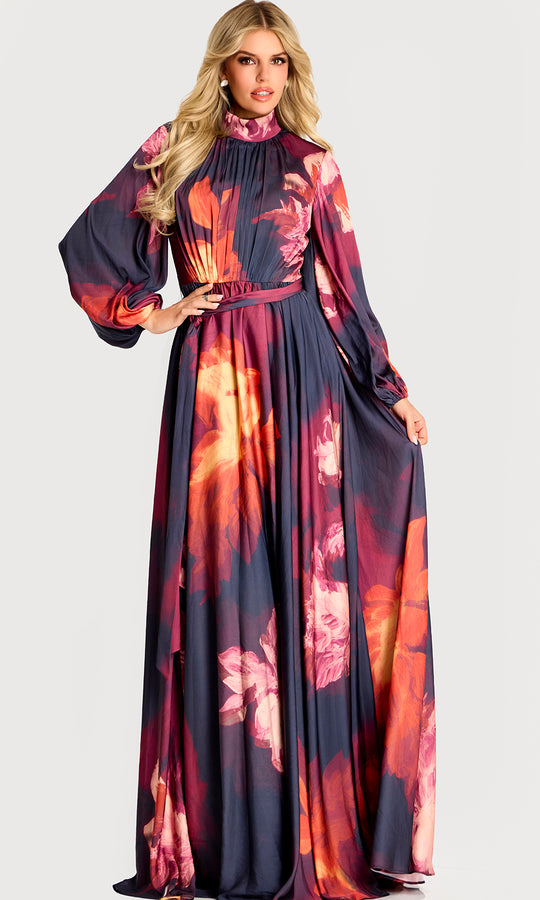 Jovani 49464 - Floral Chiffon High Neck Evening Gown