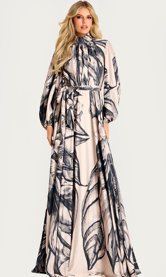 Jovani 49500 - Floral Print A-Line Evening Gown with Sash Belt