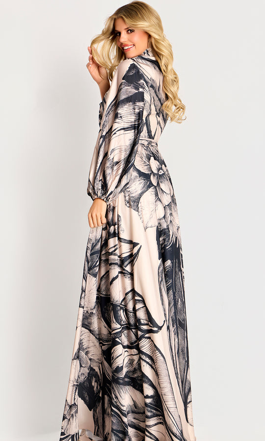 Jovani 49500 - Floral Print A-Line Evening Gown with Sash Belt