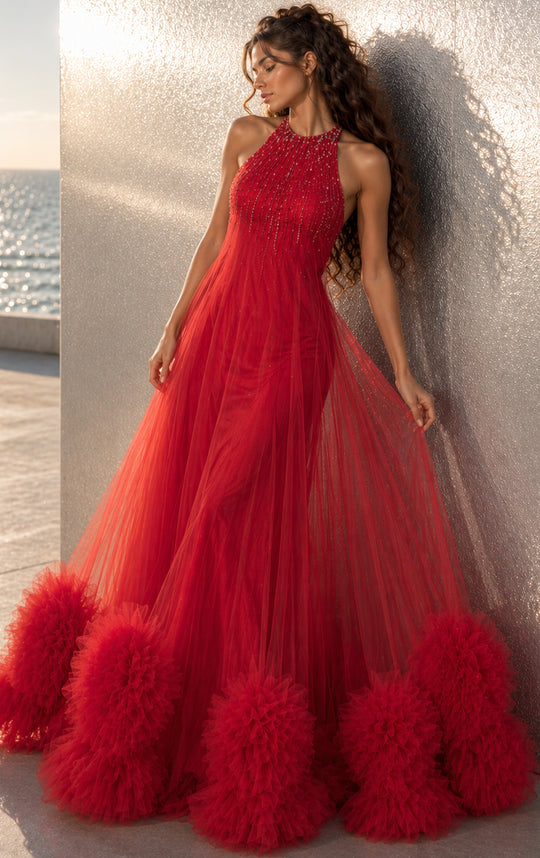 Jovani 49540 - Floral Ruffle Hem Halter Neck Evening Gown