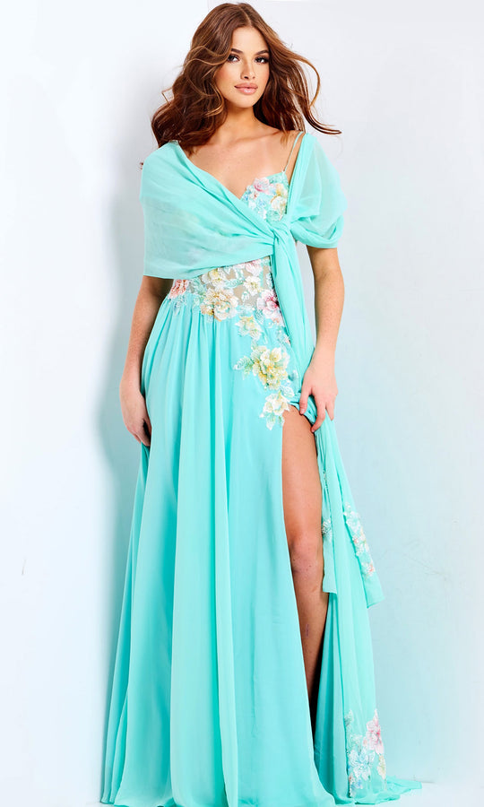 Jovani 49633 - Floral Applique Corset Chiffon A-Line Dress