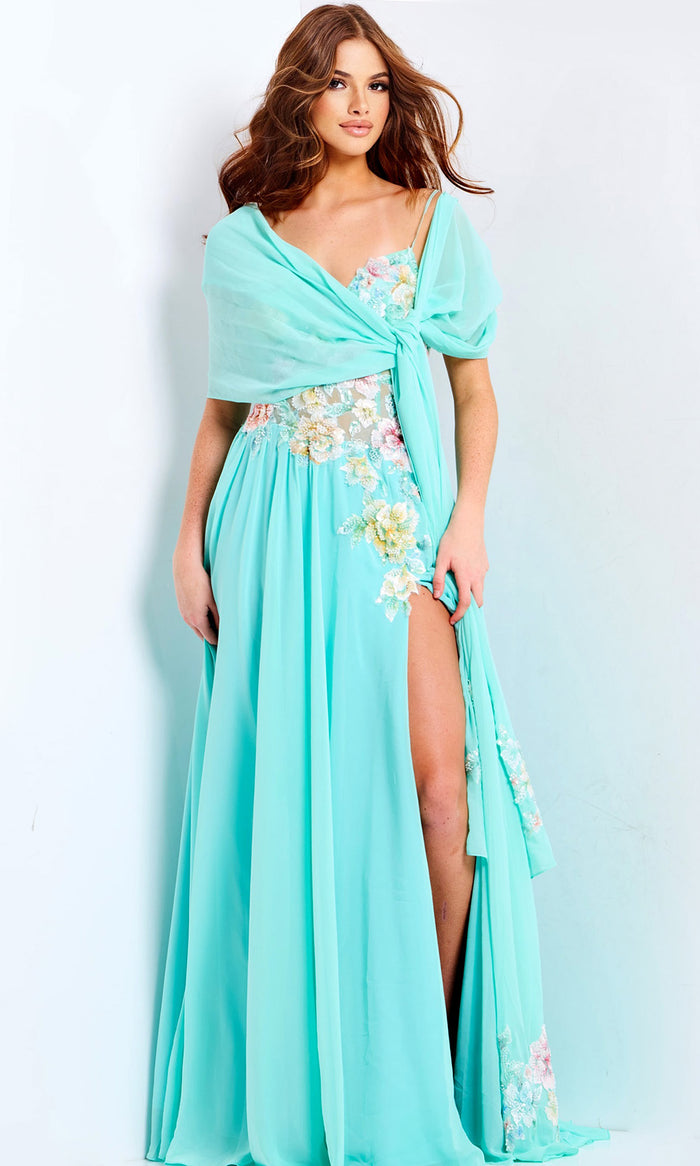 Jovani 49633 - Long Chiffon A-line Dress - Spaghetti Straps, Floral Appliques, Sheer Corset Bodice, High Slit, Flowing Skirt 12 / Aqua Jovani 49633 - Long Chiffon A-line Dress - Spaghetti Straps, Floral Appliques, Sheer Corset Bodice, High Slit, Flowing Skirt 12 / Aqua
