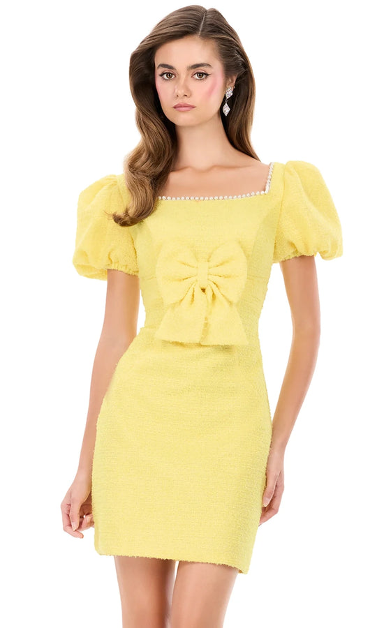 Ashley Lauren 4970 - Puff Sleeve Bow Front Mini Dress