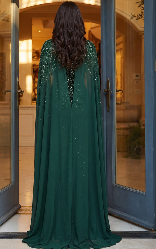 Jovani 49743 Beaded Sheer High Neck Cape Dress