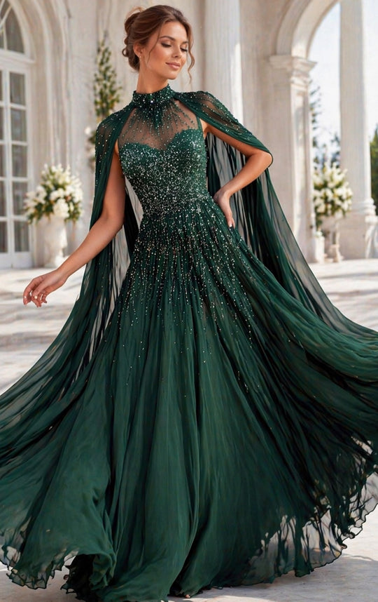 Jovani 49743 - Beaded Cape A-Line Evening Gown