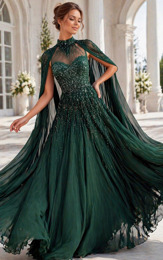 Jovani 49743 Beaded Sheer High Neck Cape Dress