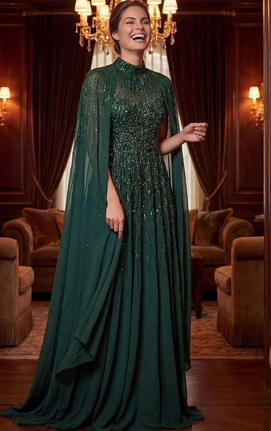 Jovani 49743 - Beaded Cape A-Line Evening Gown