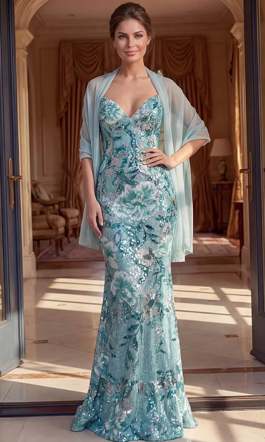 Jovani 49840 - Floral Sequin Evening Gown with Shawl