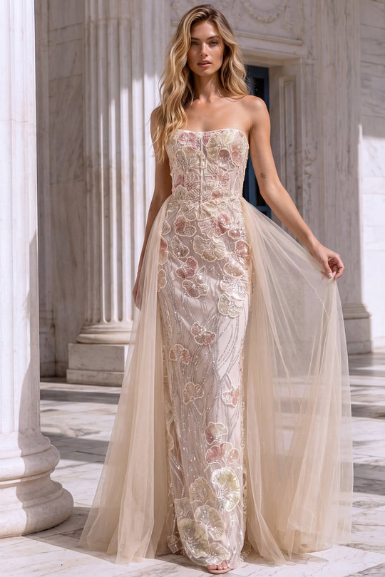 Jovani 49883 - Butterfly Applique Overskirt Strapless Gown