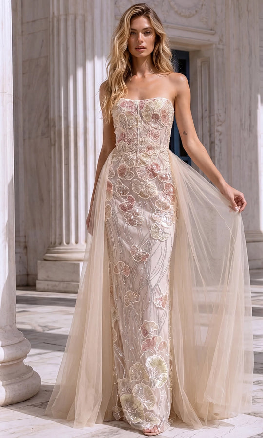 Jovani 49883 - Butterfly Applique Overskirt Strapless Gown