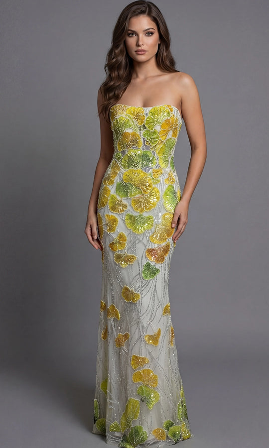 Jovani 49884 - Embroidered Tulle Fitted Strapless Gown