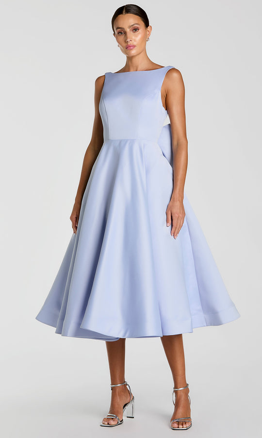 Ieena Duggal 50127 - Open Back Tea-Length Dress with Bow Accent