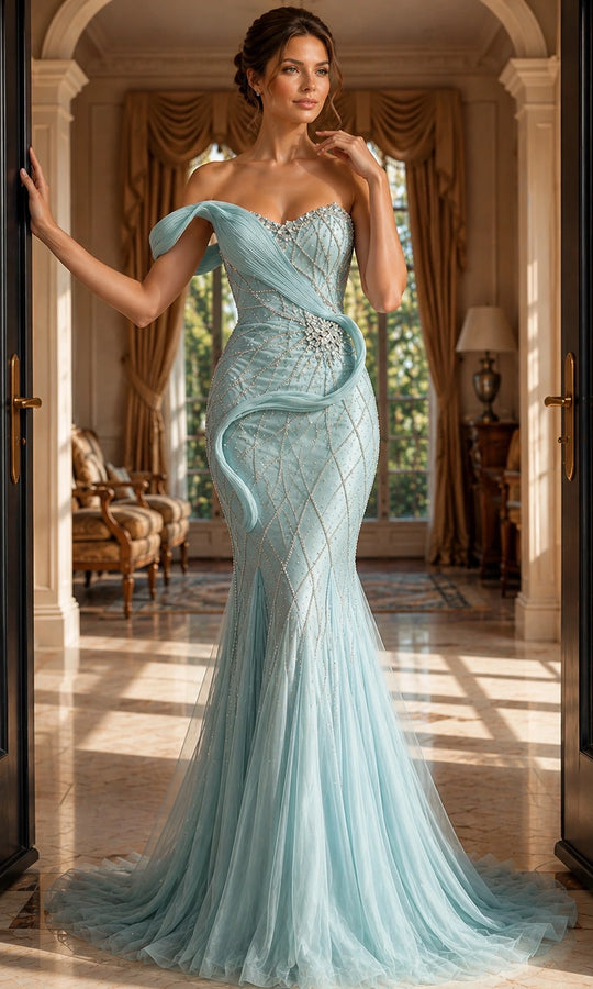 Jovani 50206 - Crystal Beadwork Draped Off Shoulder Gown