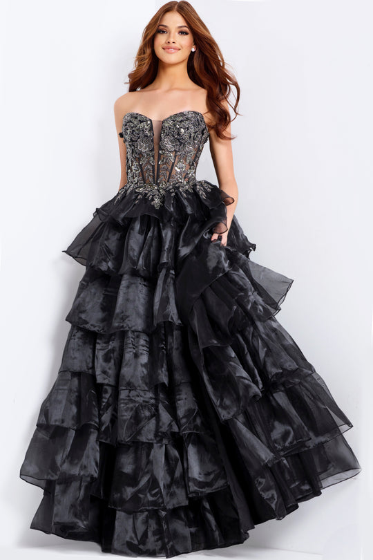 Jovani 50259 - Beaded Applique Corset Tiered Ballgown