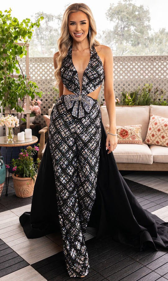 Rachel Allan 50375 - Plaid Sequin Plunging Halter Jumpsuit