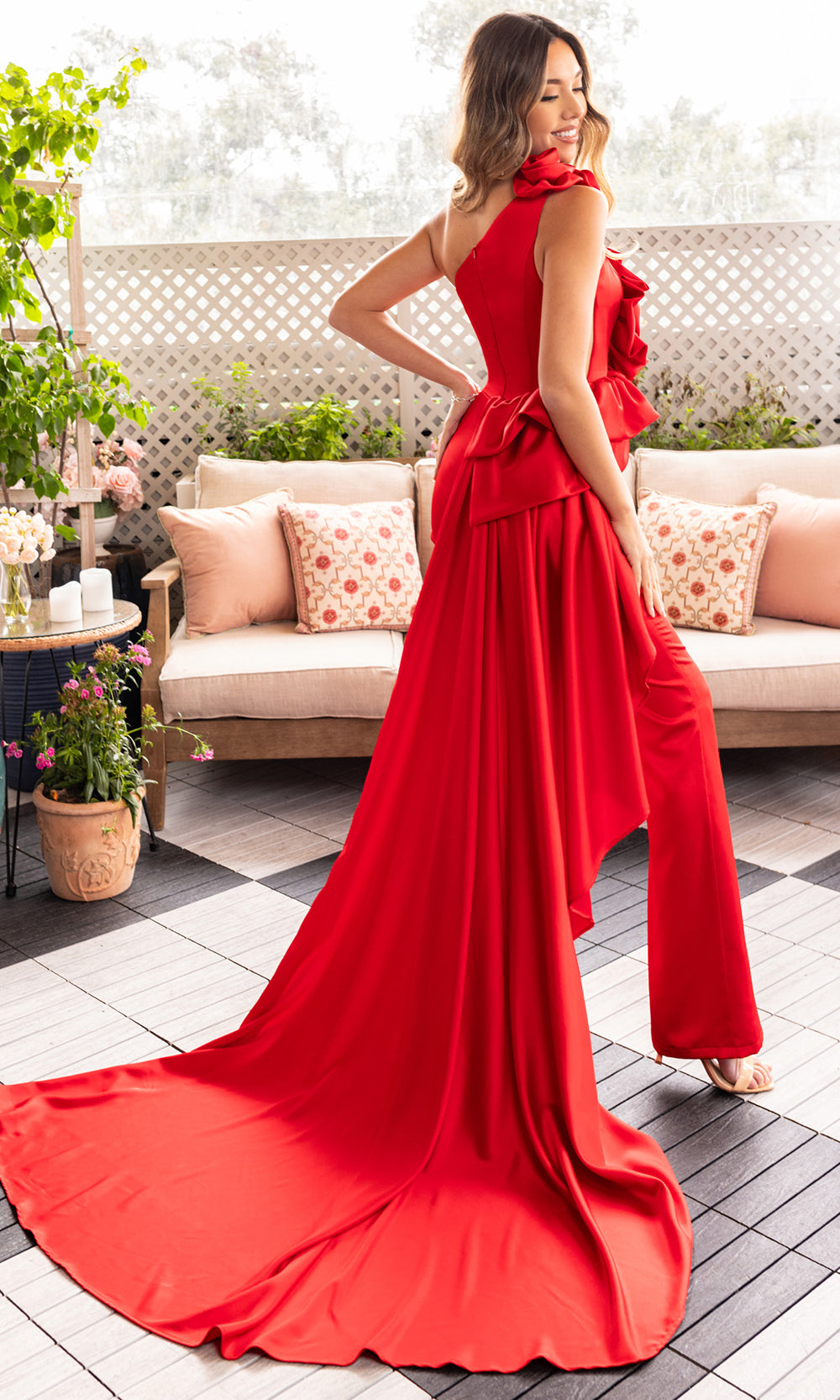 Rachel Allan 50387 - Long Stretch Satin, 3D Flowers Jumpsuit