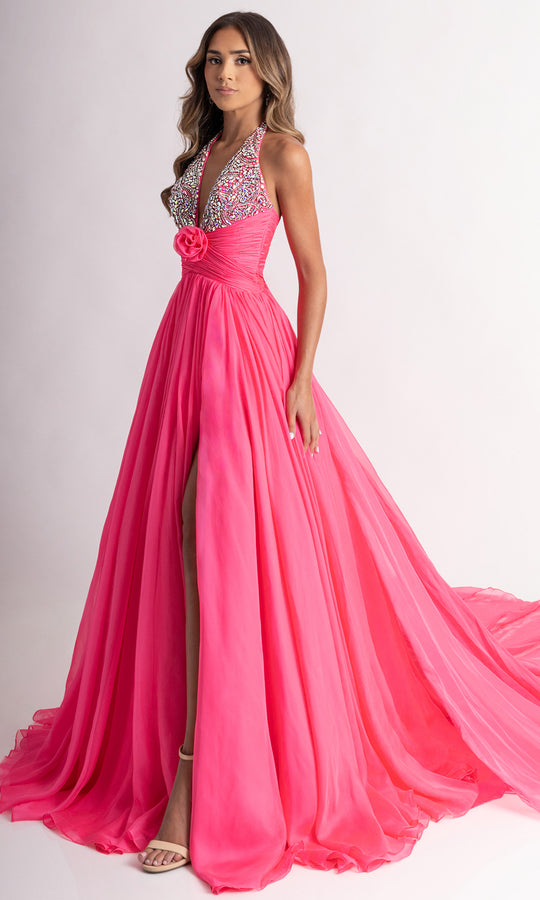 Rachel Allan 50392 - Halter Neck A-Line Evening Gown with Slit