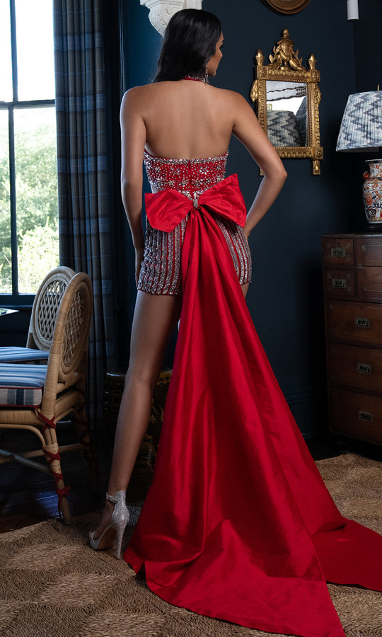Rachel Allan 50407 - Beaded Halter Romper with Bow Overskirt