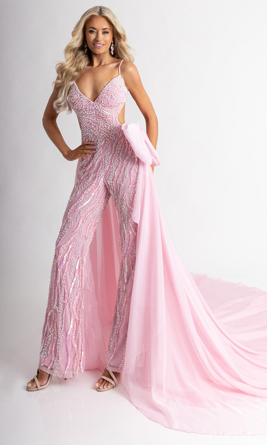 Rachel Allan 50411 - Pearl Beaded Jumpsuit with Oversized Bow