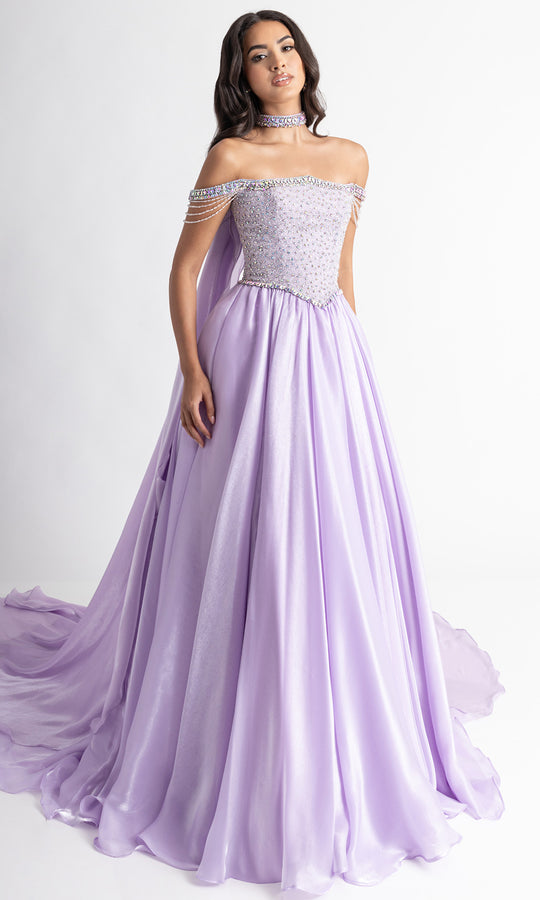 Rachel Allan 50416 - Fringe Draped Sleeve Organza Ballgown