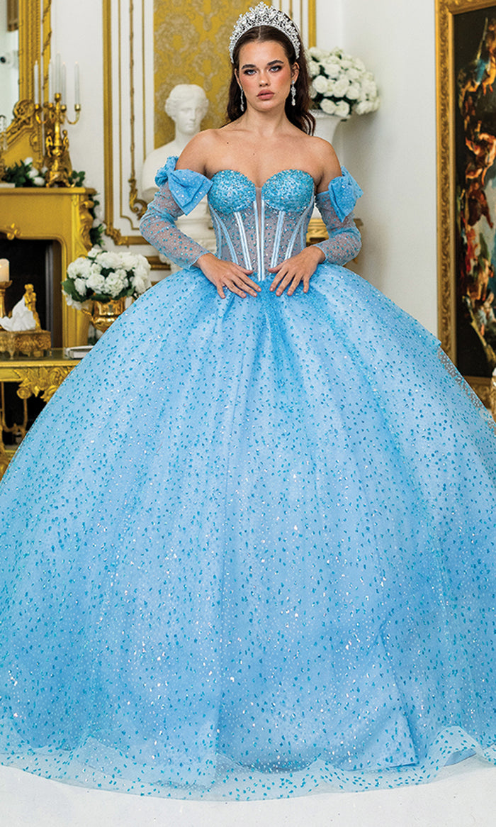 Dancing Queen 5044 - Long Glitter Tulle Ballgown Dress - Detachable Sheer Sleeves, Corset Structured Bodice, Visible Boning, Molded Bust, Mid-Open Dancing Queen 5044 - Long Glitter Tulle Ballgown Dress - Detachable Sheer Sleeves, Corset Structured Bodice, Visible Boning, Molded Bust, Mid-Open