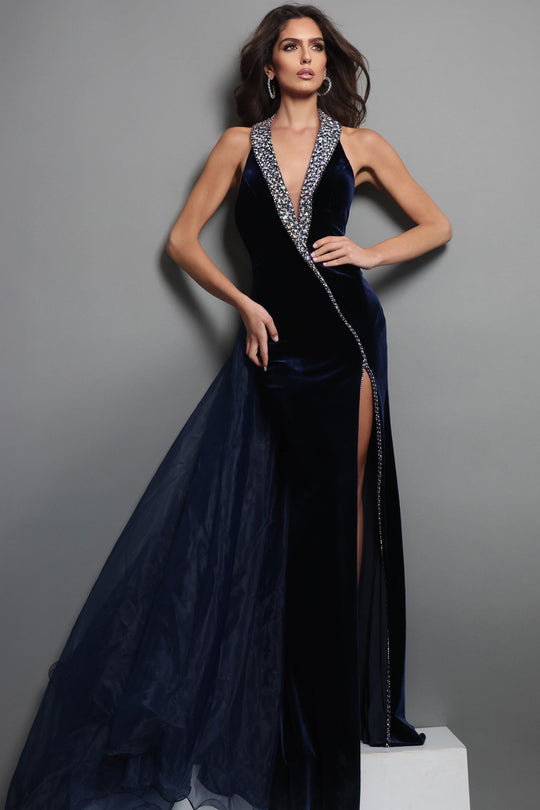 Jovani 50544 - Crystal Trim V-Neckline Velvet Gown