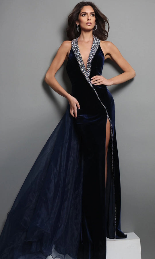 Jovani 50544 - Crystal Trim V-Neckline Velvet Gown