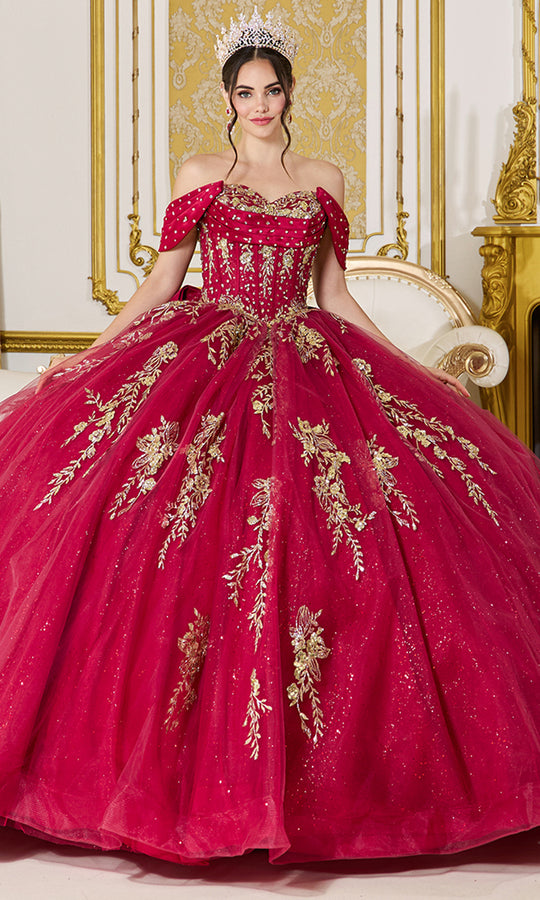 Dancing Queen 5067 - Satin Draped Off Shoulder Embellished Ballgown