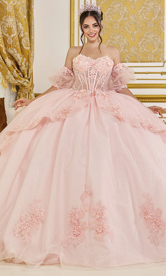 Dancing Queen 5099 - Floral Appliqued Corset Peplum Ballgown