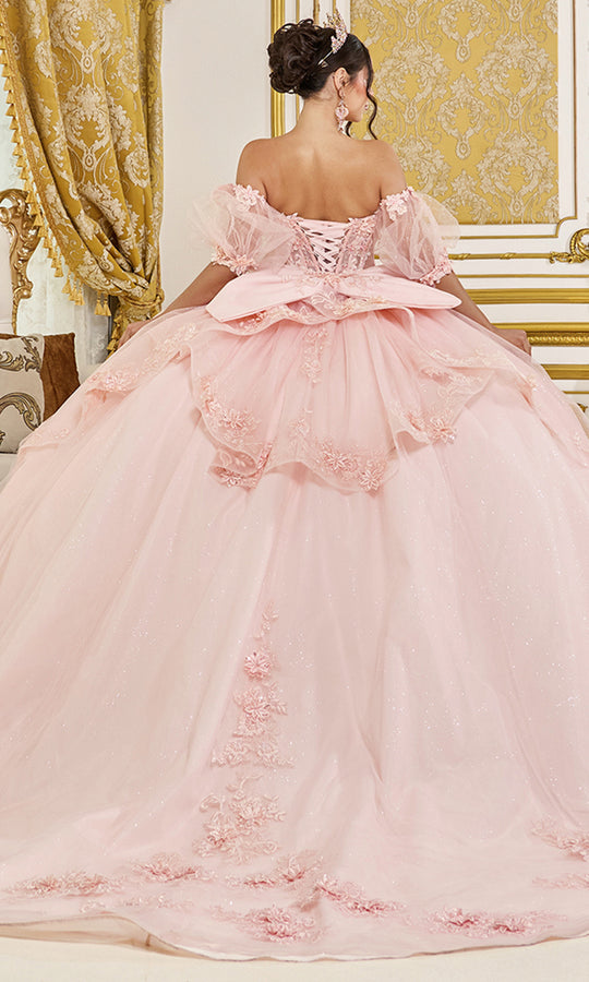 Dancing Queen 5099 - Floral Appliqued Corset Peplum Ballgown